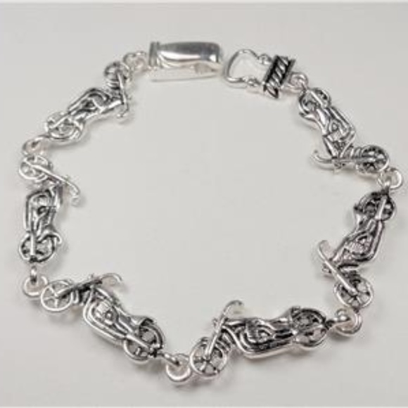 SILVER TONE HARLEY MOTORCYCLE BIKER CHARM BRACELET - Picture 1 of 5